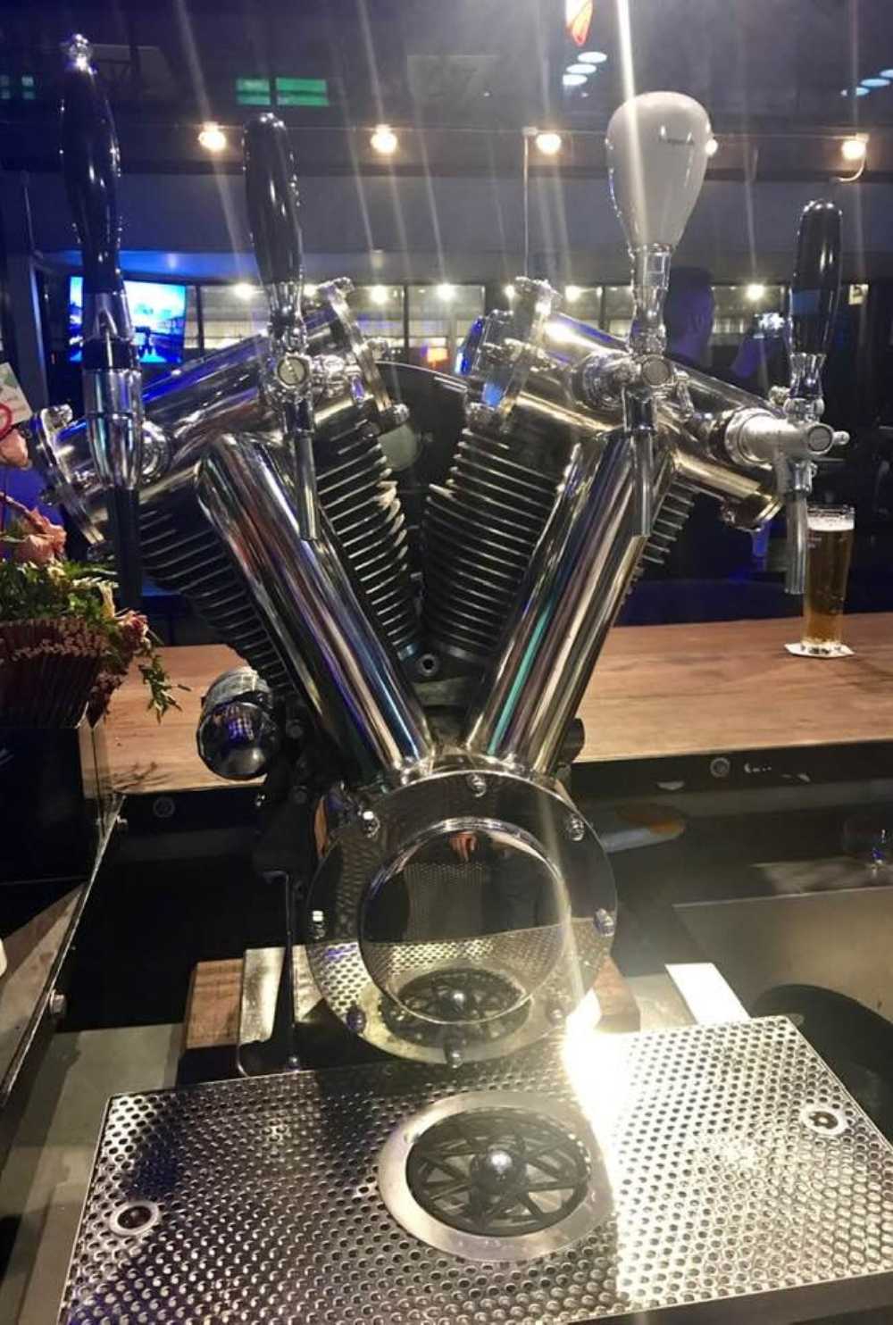 Harley Davidson engine converted beer tower with 4 taps
